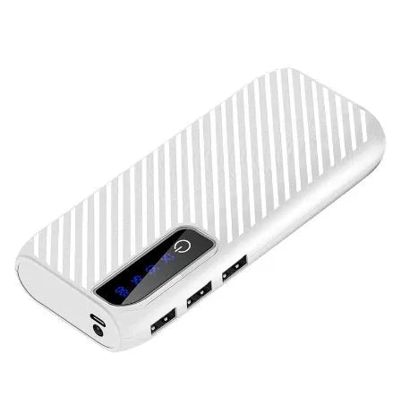 Black 20000mAh mini portable power bank showing dual USB output ports and compact size