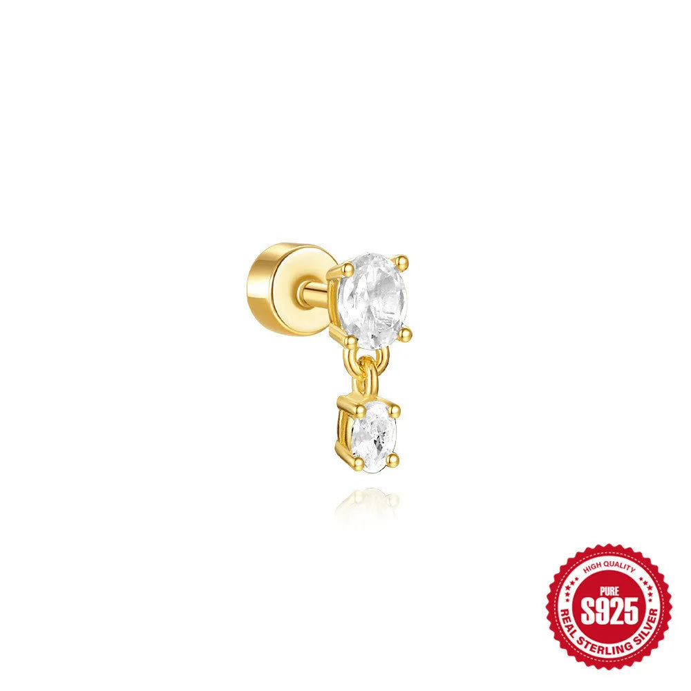 S925 sterling silver flat column geometric ear bone studs with thread detail in a gold colour finish