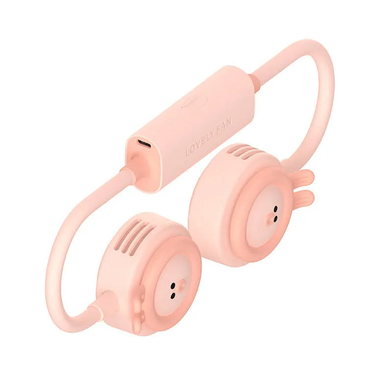 Pink foldable leafless hanging neck fan showing USB port and three-speed controls