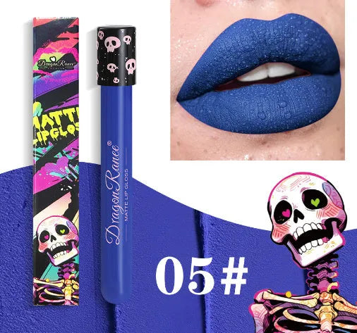 Halloween creative makeup lip gloss in skull-shaped test tube packaging, showing a matte gold and silver finish.
