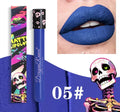 Halloween creative makeup lip gloss in skull-shaped test tube packaging, showing a matte gold and silver finish.