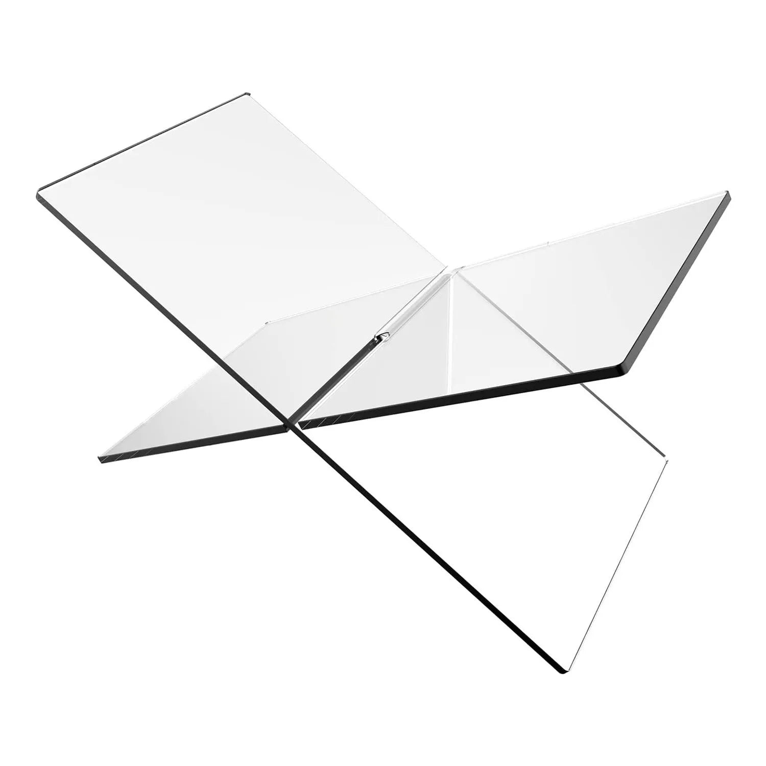 Clear acrylic X-shaped book display rack holding books upright on desktop
