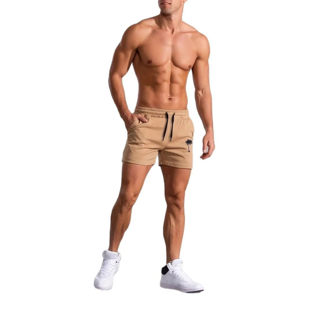 Men's khaki coconut print sports shorts with straight cut design and micro elastic polyester fabric