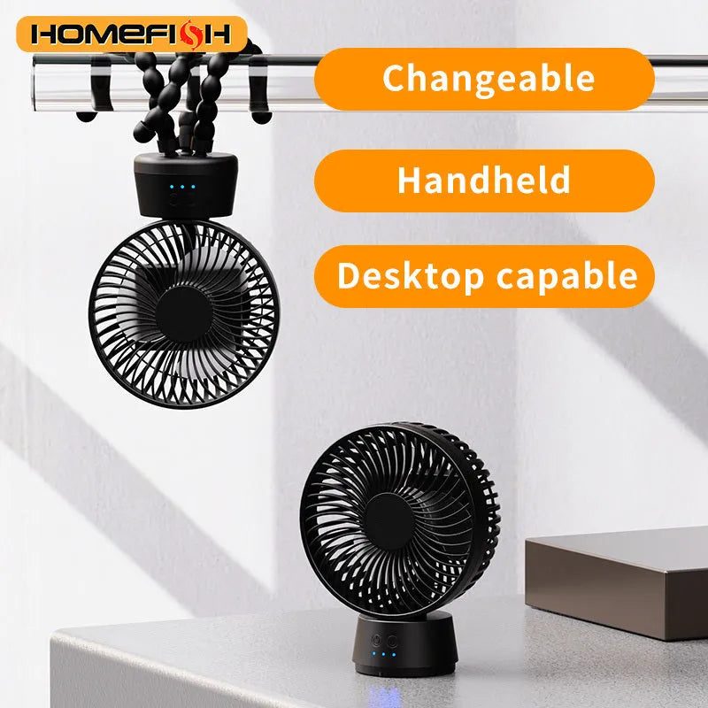 HOMEFISH F2 portable fan with automatic head shaking, LED light, and removable bracket on a white background.