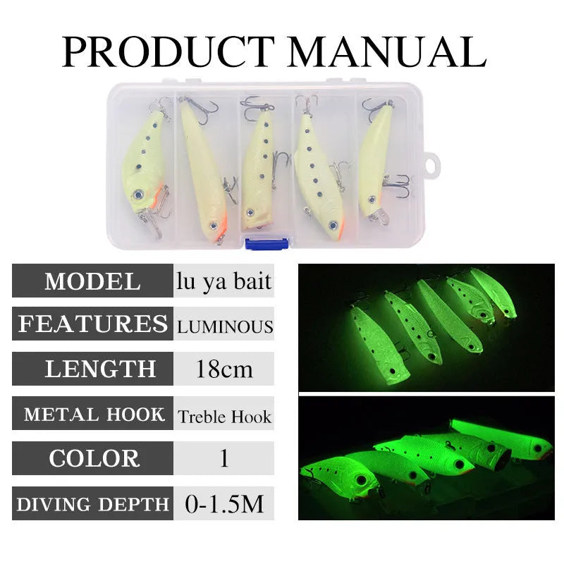 Set of five 3D fluorescent simulation hard bait fishing lures with luminous features