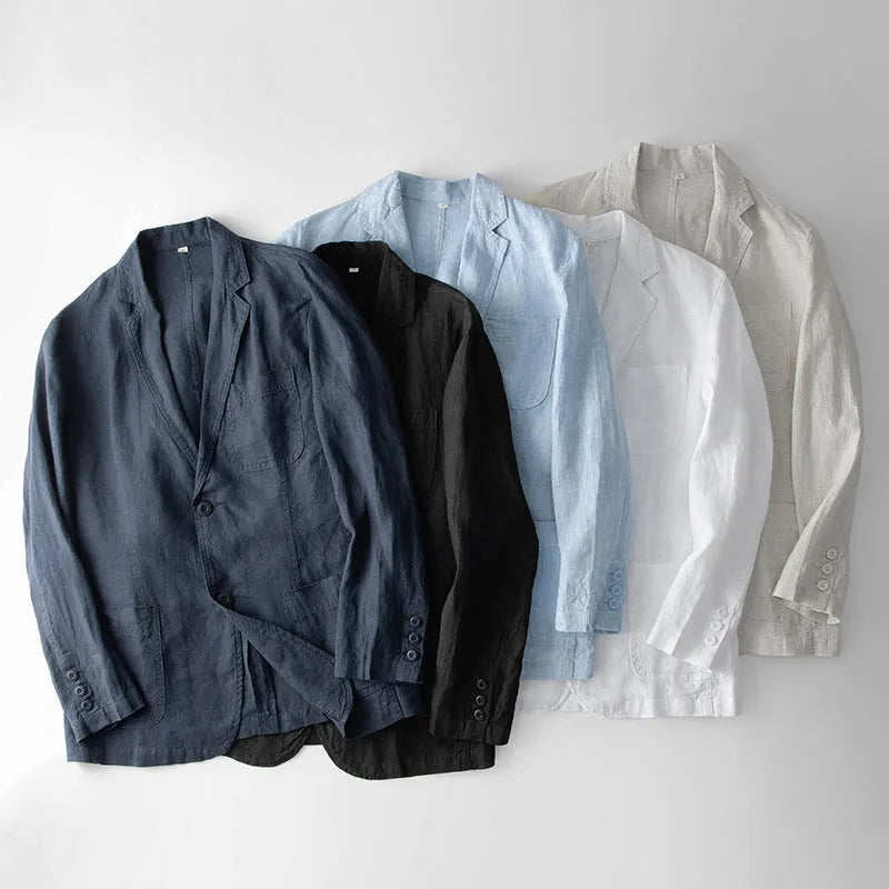 Men's loose-fit linen casual blazer jacket shown in available colours: white, black, natural linen, sky blue, and navy blue.