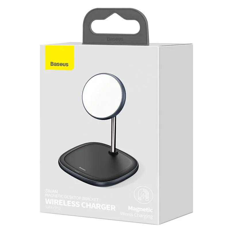 Swan Magnetic Desktop Stand Wireless Charger for Apple iPhone 12 in black colour on a desk