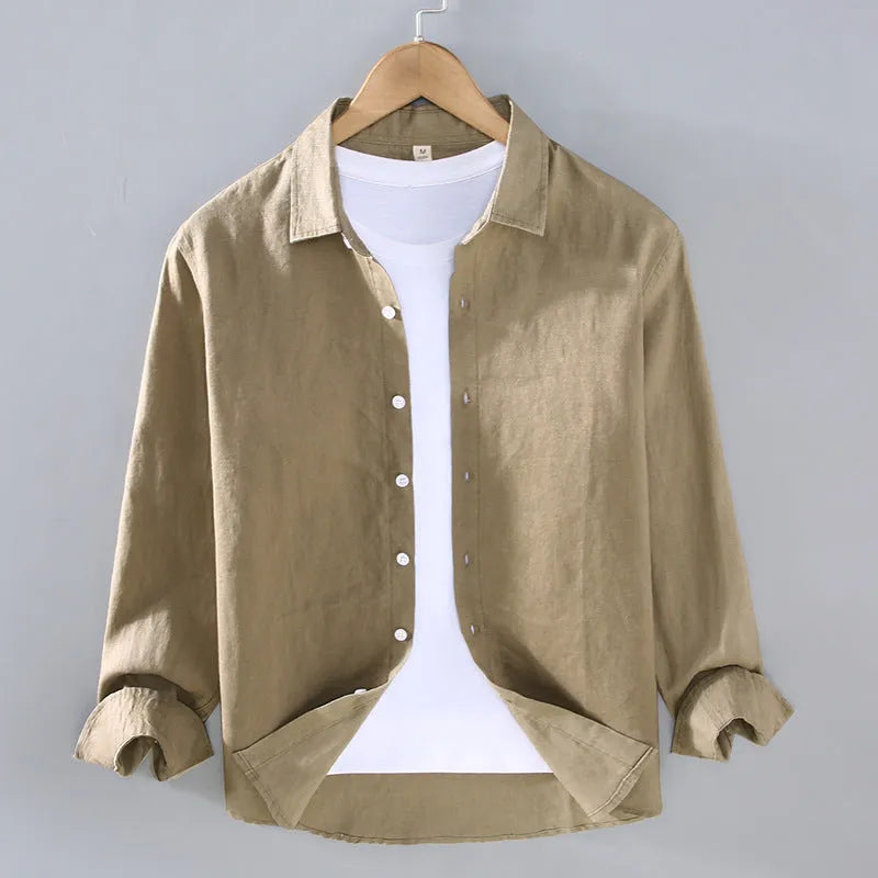 Men's pure linen shirt in cardigan style, shown in a solid earthy colour with long sleeves.