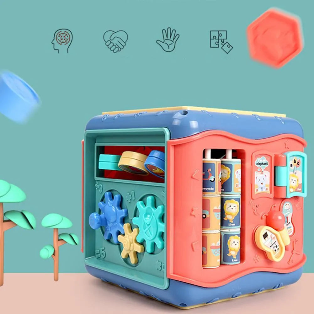 Colourful baby educational toy cube with six different activity sides including bead maze and gears.