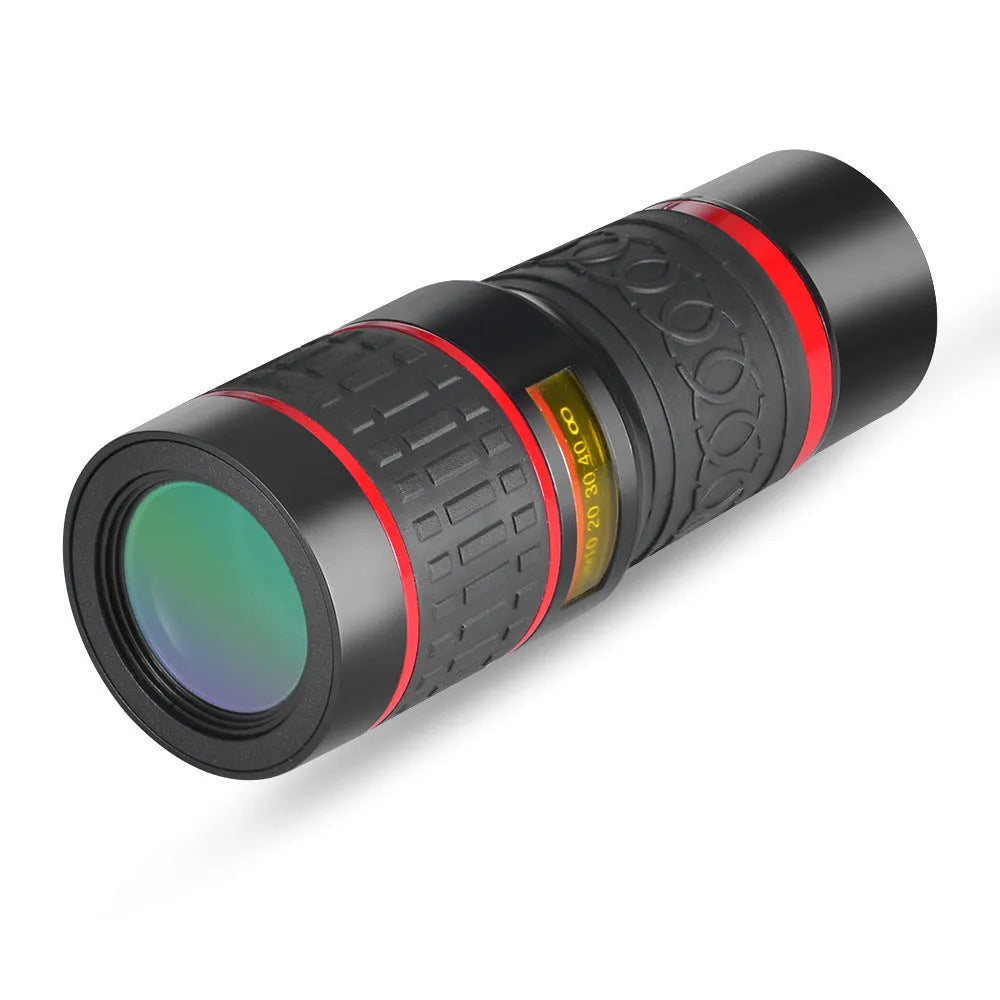 20x magnification smartphone telescope lens with universal mounting clip on a mobile phone.