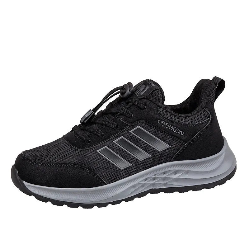Breathable non-slip casual shoes with mesh upper and elastic band closure in black, dark grey, purple, and purplish red.