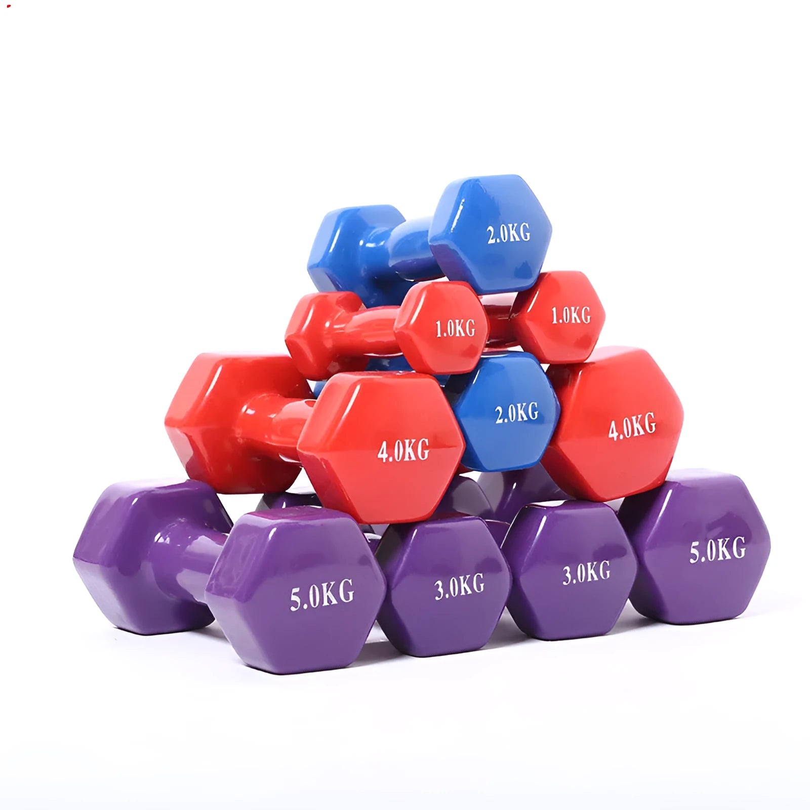 Set of bright red and blue plastic fitness dumbbells on a light floor.