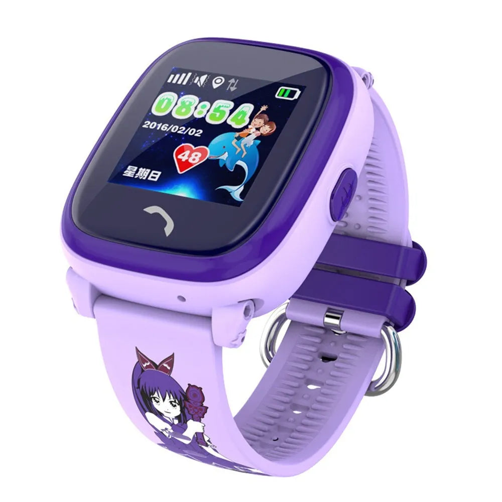 Blue children's waterproof smart watch with touch screen and silicone wristband showing emergency call function