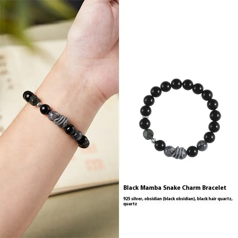 Men's S925 sterling silver snake bracelet with obsidian black crystal hair, 10mm width, retro zodiac style