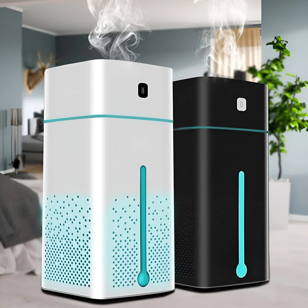 Black or white desktop humidifier with USB cable, 1000ml water tank, dimensions 103mm x 103mm x 218mm.