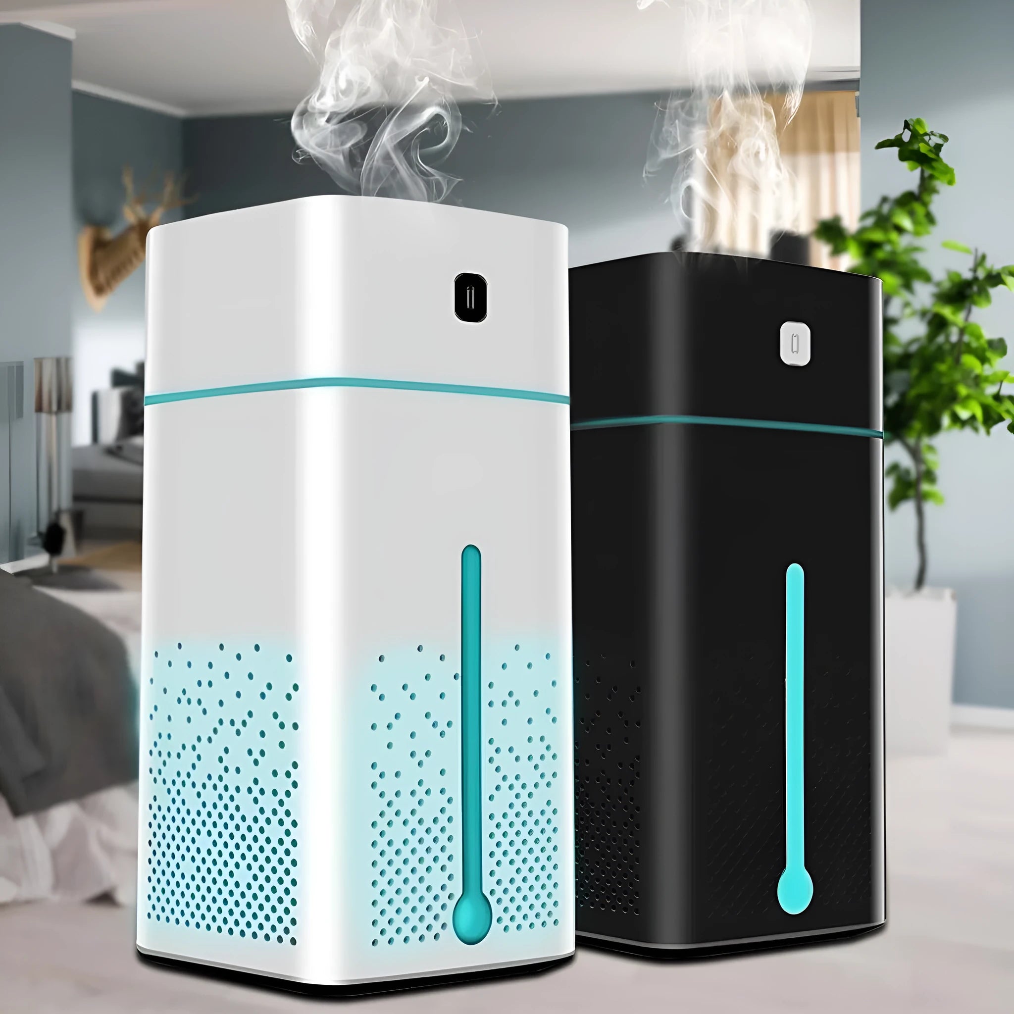 Black or white desktop humidifier with USB cable, 1000ml water tank, dimensions 103mm x 103mm x 218mm.
