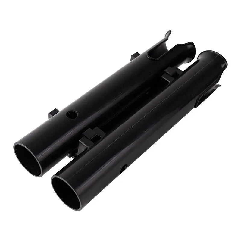 Plastic double-layer fishing rod rack clamped onto a bicycle frame tube