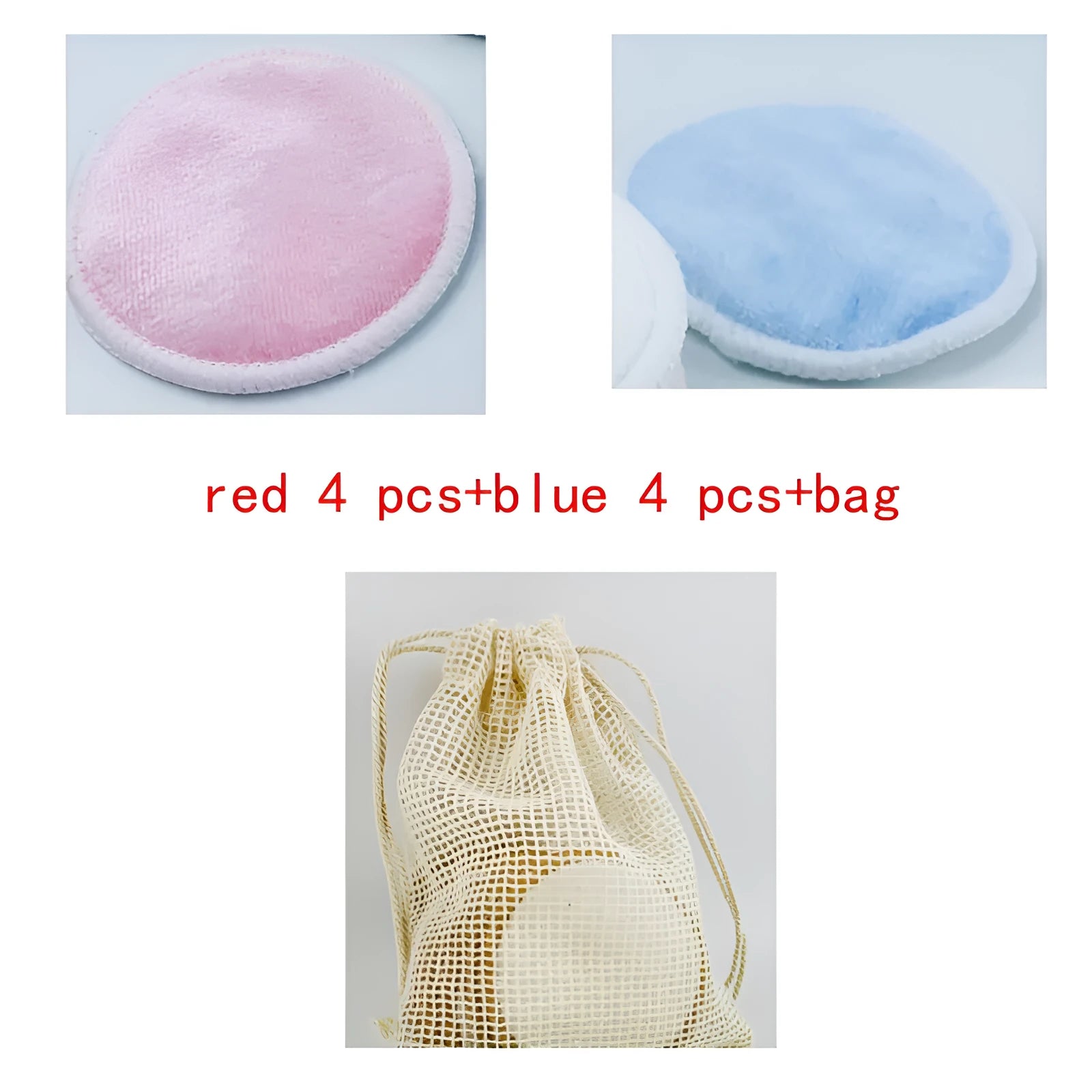 Set of four red and four blue round velvet makeup remover pads next to a cotton mesh drawstring bag.