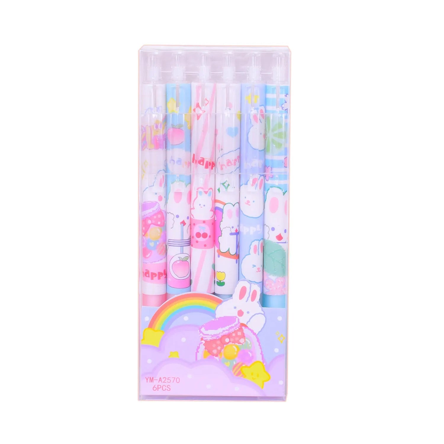 Set of six white plastic pens with black caps and a cartoon bunny character printed on the barrel.