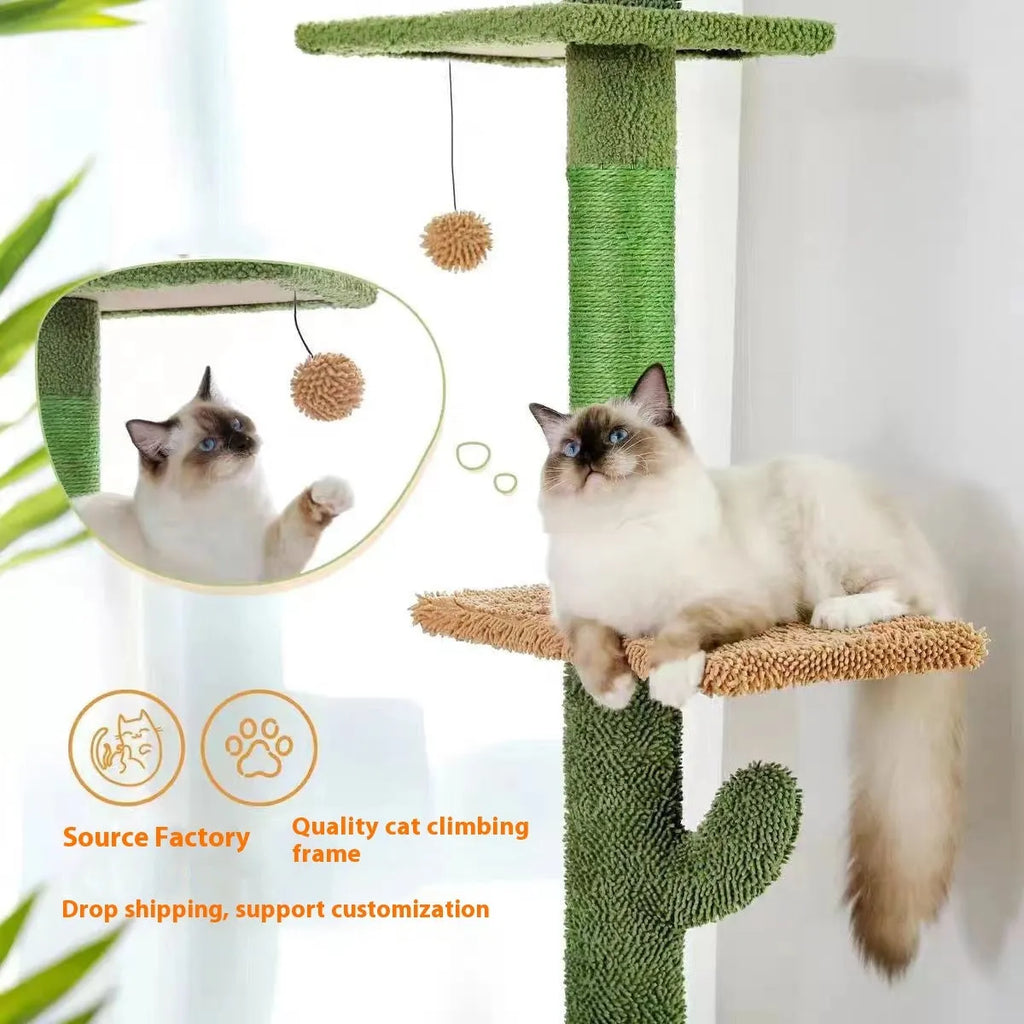 Tall, multi-level cat climbing frame with integrated scratch board and a cactus-shaped cat nest