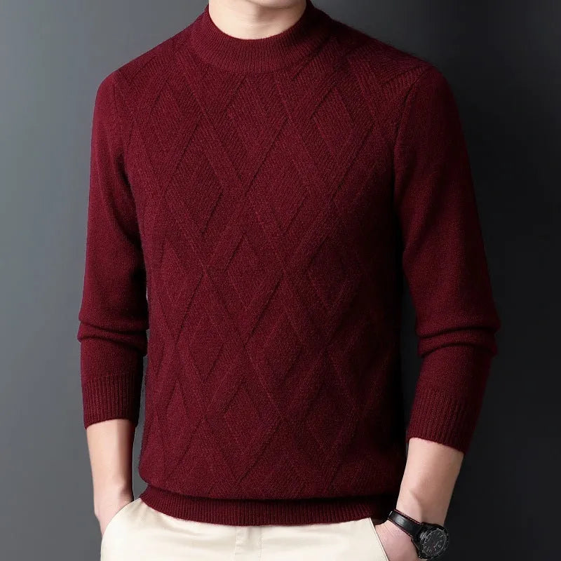Men's winter thermal plus size sweater in wool blend with diamond jacquard texture