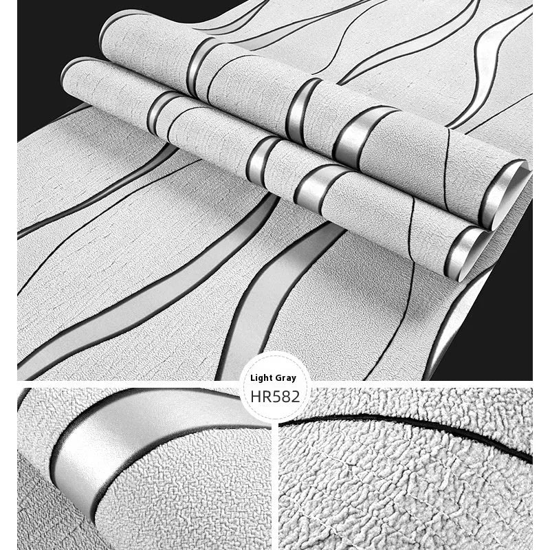 Curve Stripe 3D textured wallpaper roll in dark brown showing raised velvet finish pattern