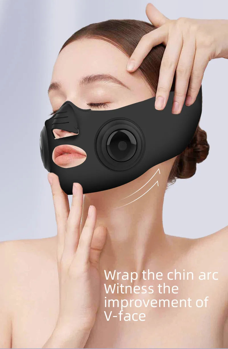 Black wearable photon therapy face mask beauty device with a USB charging port.