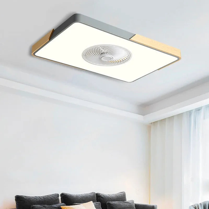 Nordic solid wood fan lamp with PVC shade in rectangular round or square shapes for living room