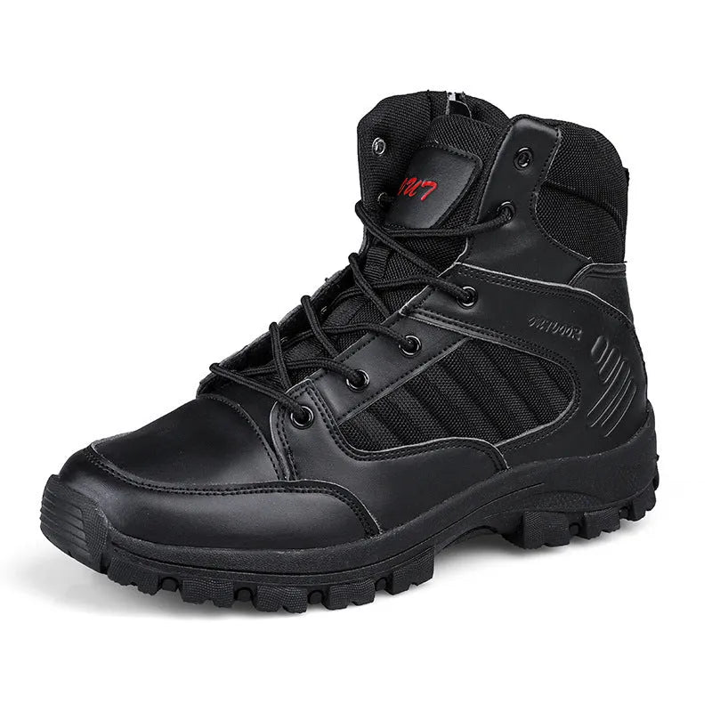 Men's black high-top hiking shoes with artificial PU upper and metal detail.