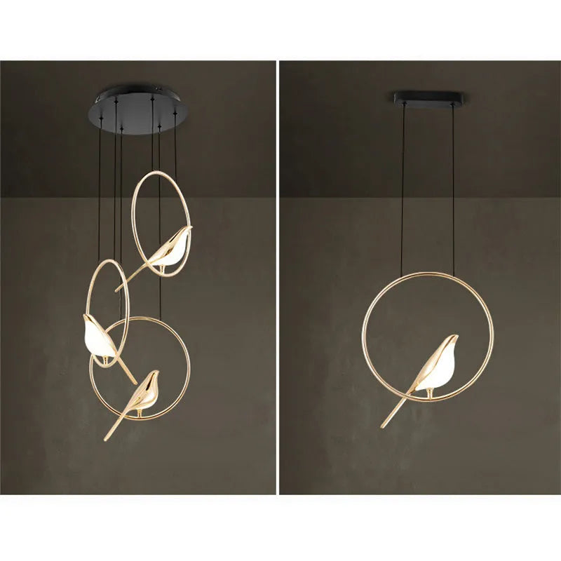 Modern minimalist magpie bird chandelier made of zinc alloy and acrylic with 150cm drop and neutral LED light