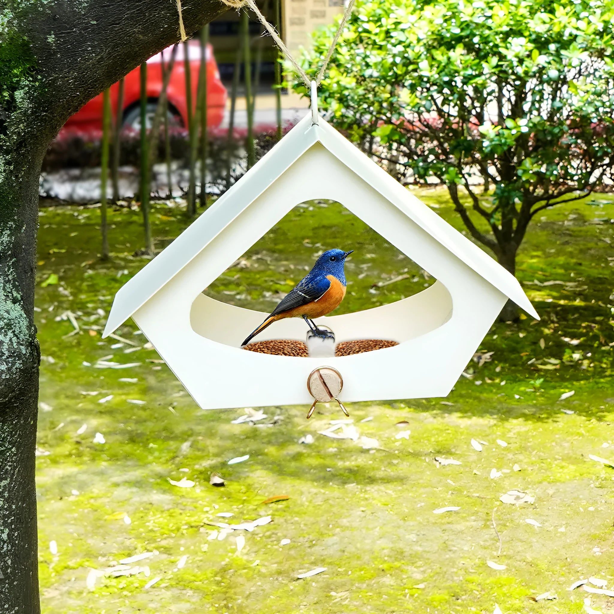 European-style iron bird feeder with protective roof for outdoor courtyard decoration