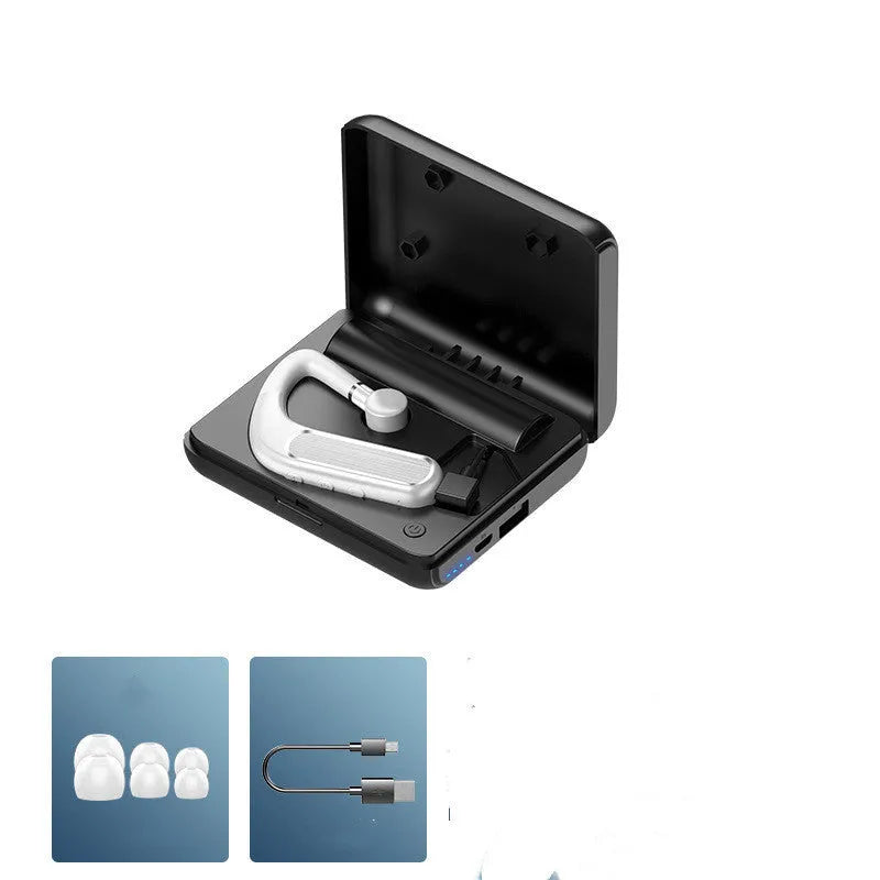 Black Bluetooth wireless earphones with hanging ear design and three sets of silicone ear caps