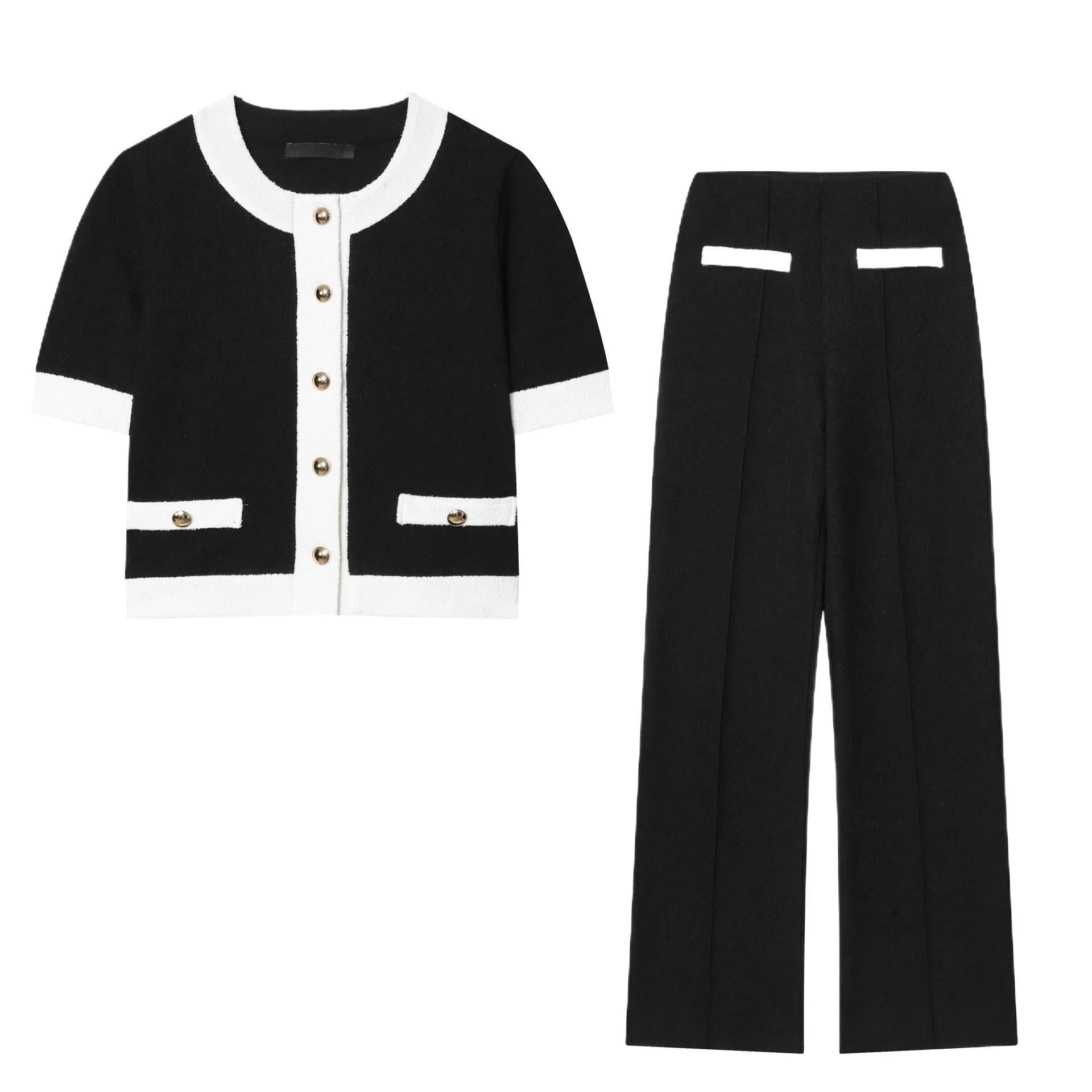 Women's beaded leather round neck top and high-waisted trousers suit in a casual street style.
