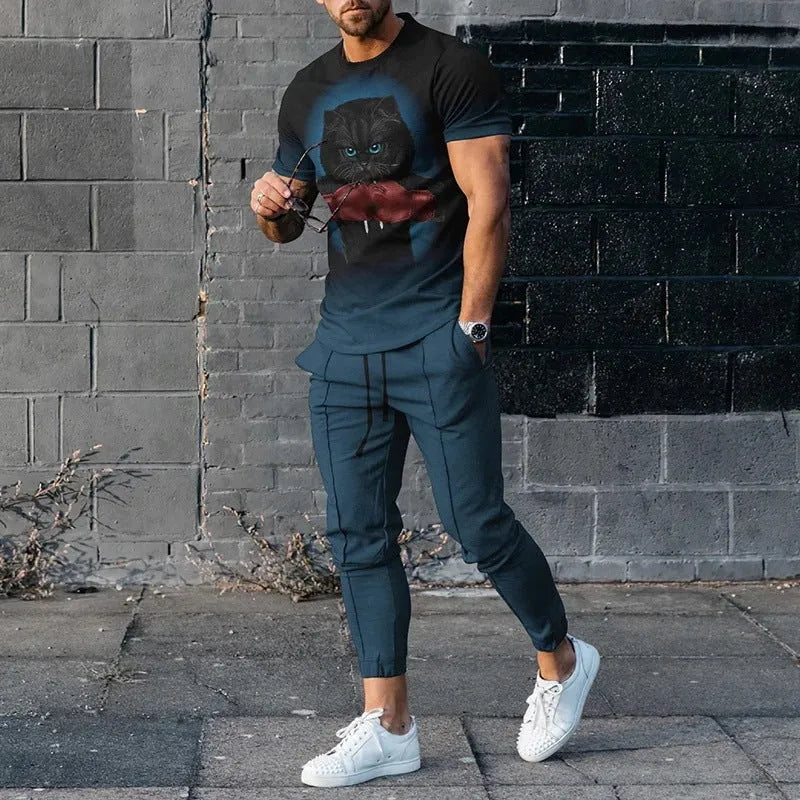 Man wearing a printed short-sleeve t-shirt and matching trousers from a cotton-like men's tracksuit set.
