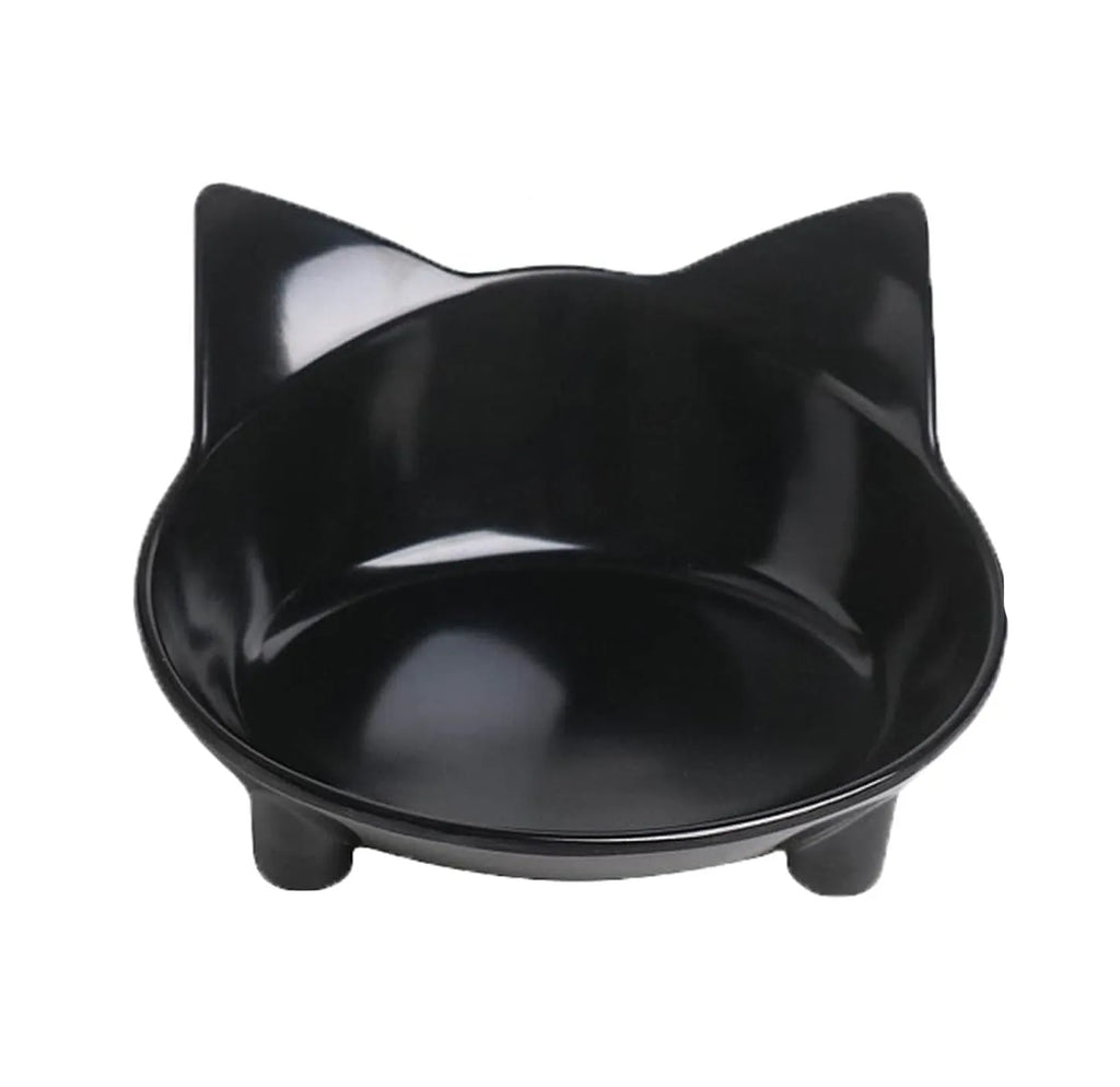 Set of four shallow black pet bowls with non-slip rubber bases for cats and small dogs