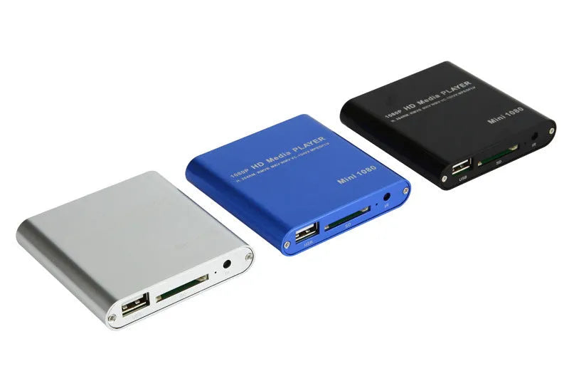 Compact blue and black 1080p Full HD media player with HDMI port and remote control