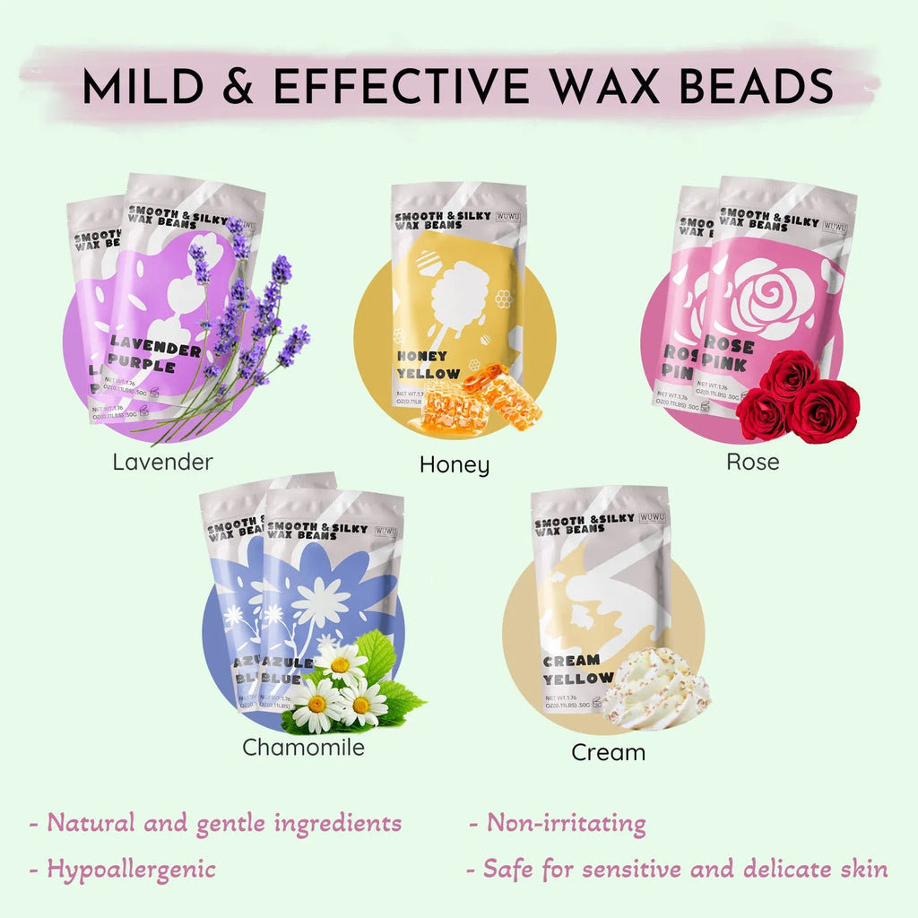 WUWUVISTA 63-piece hard wax hair removal kit with pink wax warmer, wax beans, and silicone tools