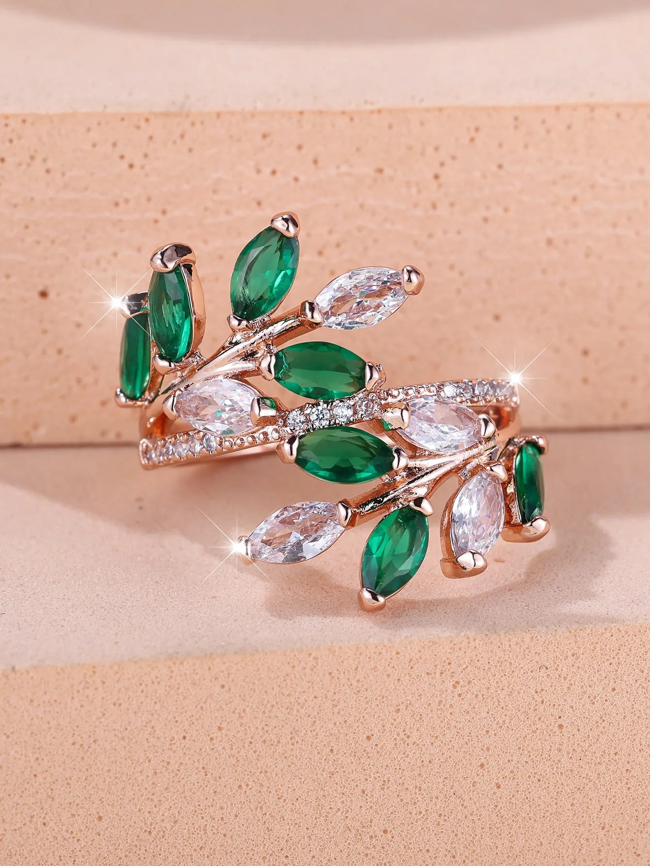 Adjustable horse eye zircon leaf ring in multiple colour options including platinum white and rose gold finishes