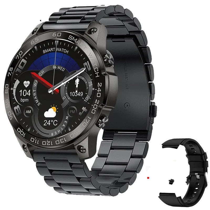 Round AMOLED sports watch with silicone strap showing Bluetooth call interface and fitness metrics on screen.