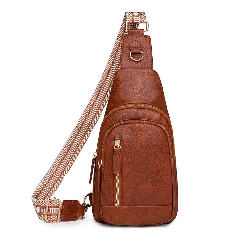 Soft brown PU women's crossbody chest bag with open pocket and adjustable strap