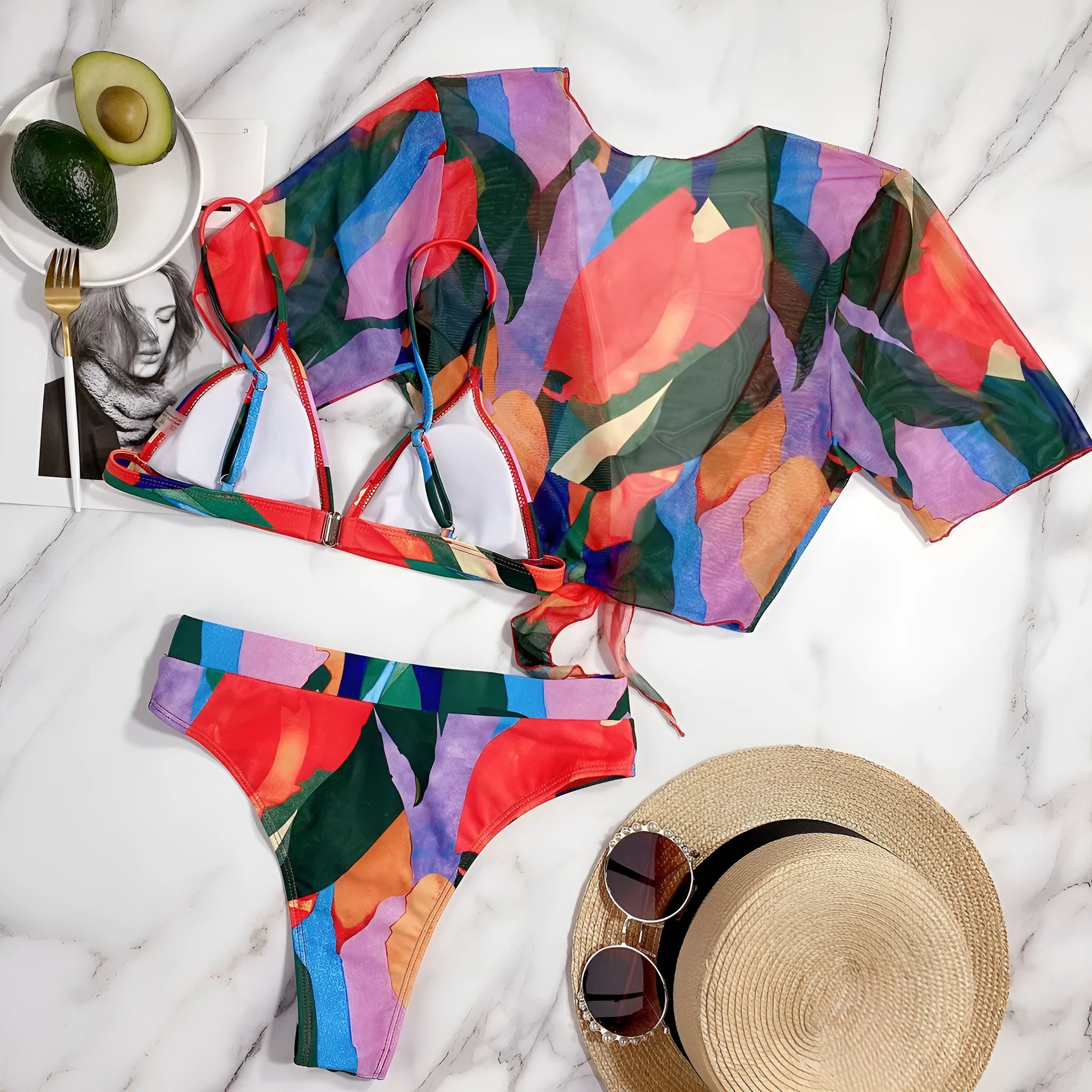 Red women's printed split swimsuit bikini made from nylon fabric.