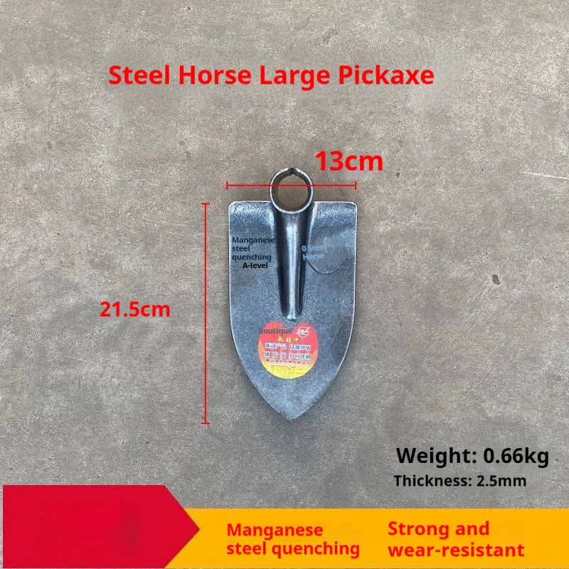 Manganese steel agricultural flat hoe with a pointed steel horse tip for ploughing and weeding.