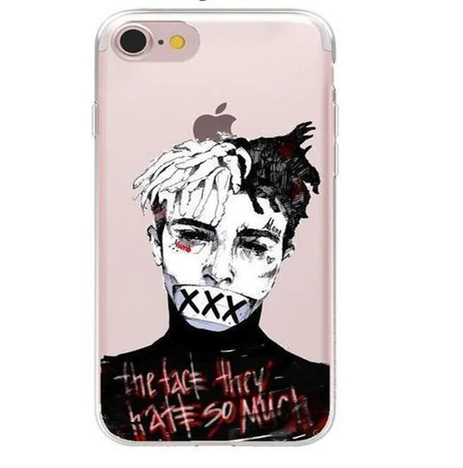 Transparent matte iPhone case featuring an Xxxtentacion graphic design, showing half-wrapped sides.