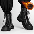 Men's black mid-top leather-style boots with rubber sole