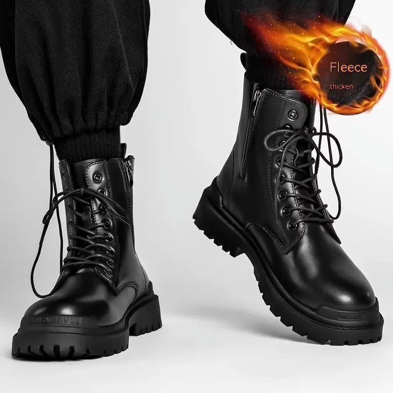 Men's black mid-top leather-style boots with rubber sole