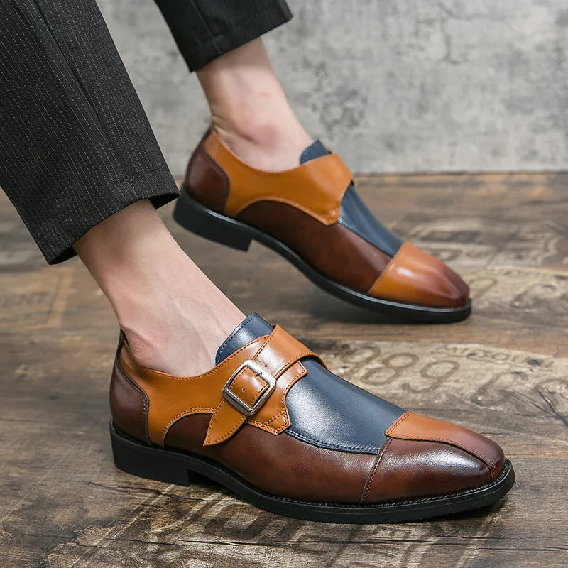 Men's brown blue retro buckle casual shoes with tall crown upper microfiber construction