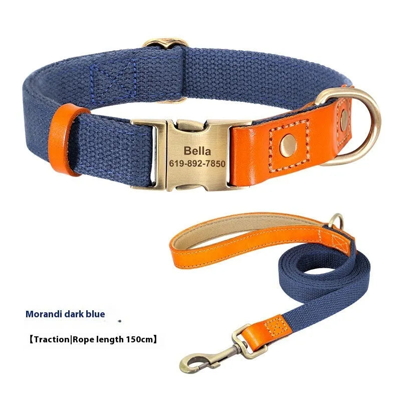 Small dog mohair neck collar and matching traction rope in one of six available colours with lettering detail