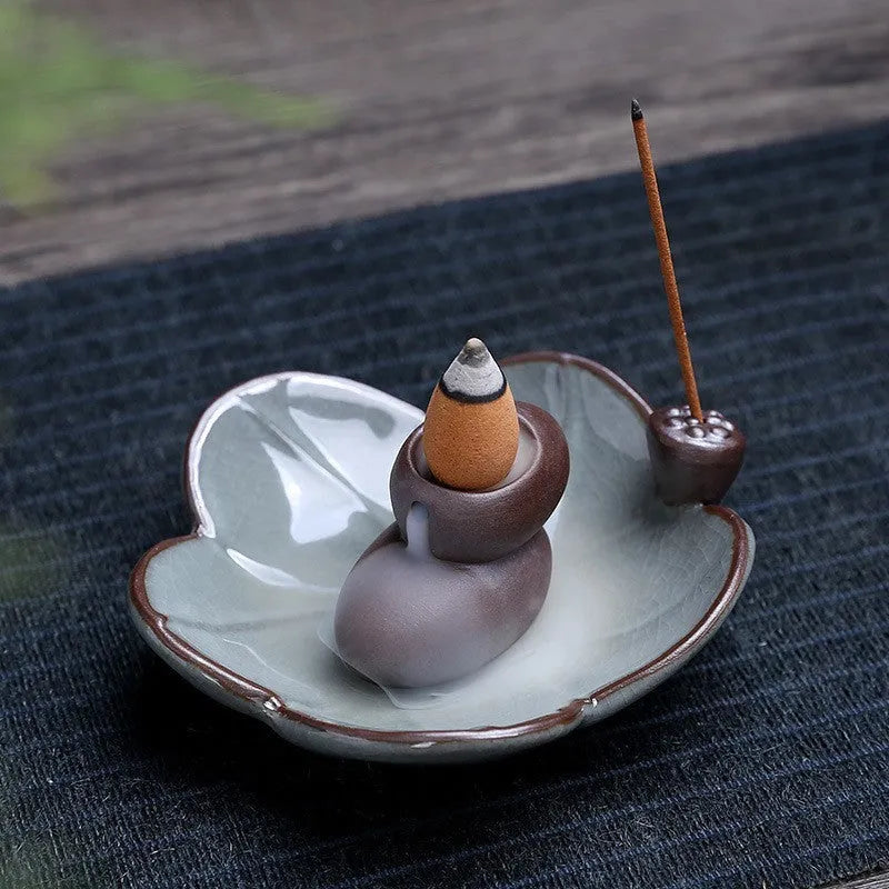 Square ceramic incense burner with purple clay base featuring crystal glaze good luck patterns and lotus designs