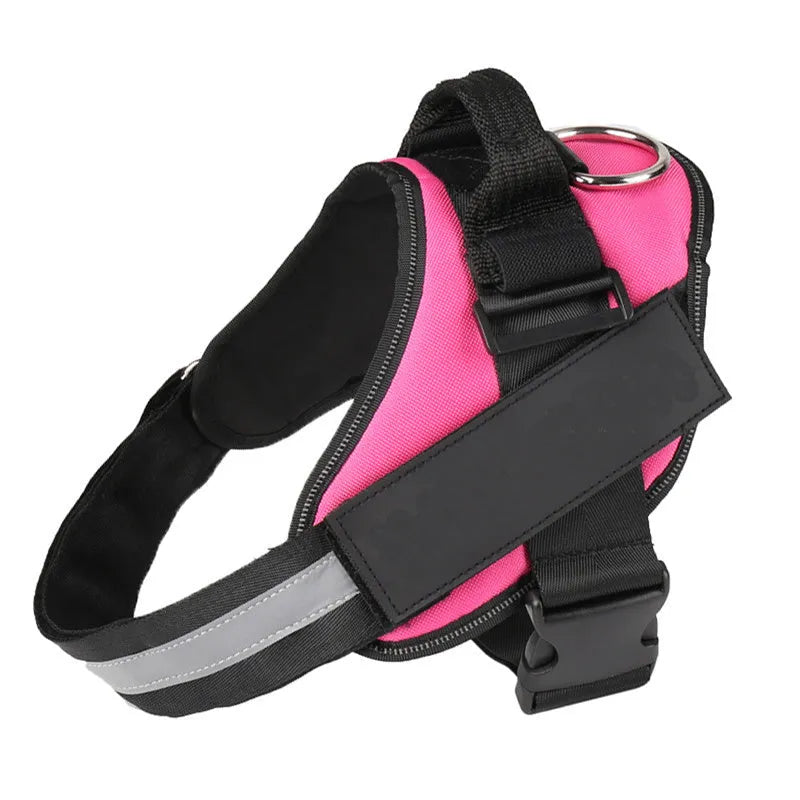 Adjustable reflective dog harness with handle and D-ring on blue background showing size chart