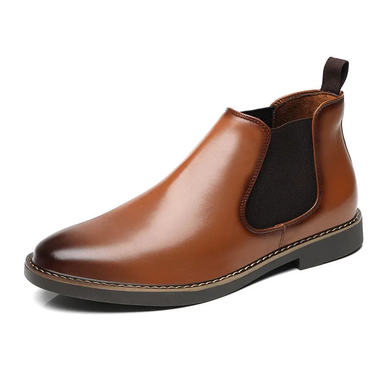 Black and brown formal pointed-toe leather boots with square heel and rubber sole.
